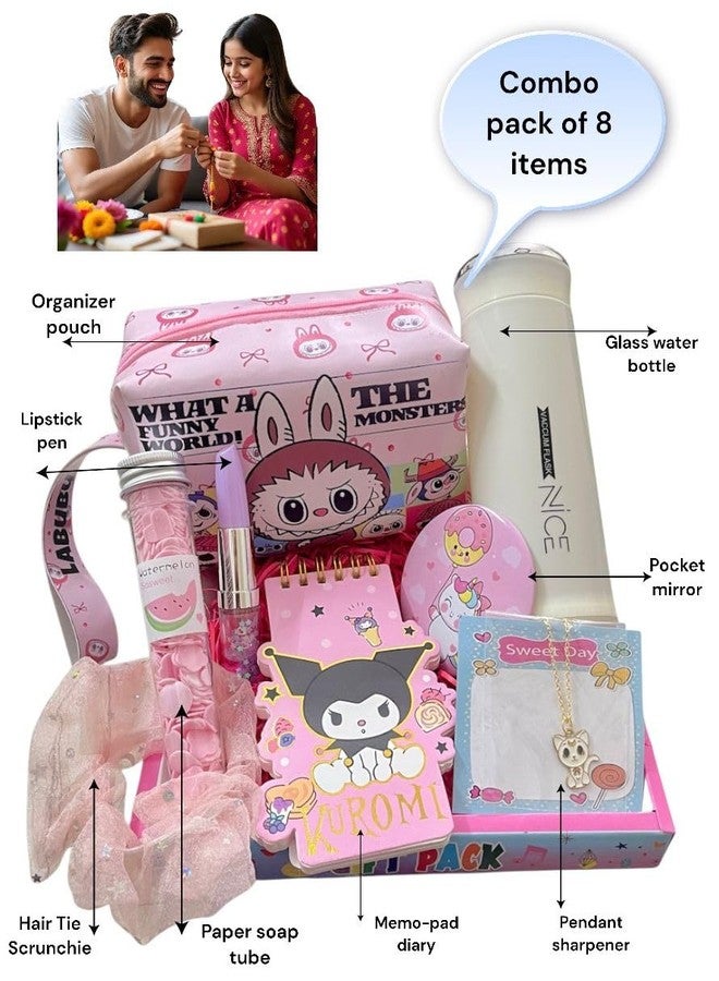 Le Delite Birthday Gift for Sister I Combo Gift Hamper | Stylish Makeup Pouch, Glass Water Bottle, Pendant Necklace, Scrunchie, Soap Tube, memopad Spiral Diary & Lipstick Pen (rainbow combo) 100 Pages - Image 2